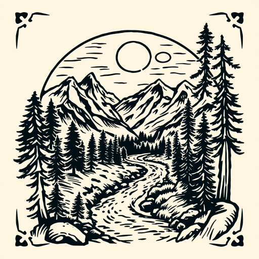 Rustic woodcut-style tattoo called "Wanderer's Tale" depicting a scenic wilderness landscape with mountains, trees, and a winding river, rendered in a style reminiscent of vintage illustrations found in old adventure novels, with bold lines and crosshatching creating texture and depth that gives the tattoo a timeless and nostalgic quality