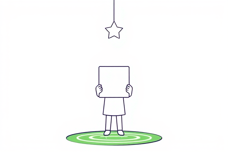 Create a high-quality, minimalist line art illustration of a character holding a rectangular face, with a star suspended above their head and a glowing green pool at their feet, captured with a DSLR camera at f/2.8, ISO 100, 50mm lens, in natural soft lighting for enhanced clarity and detail.