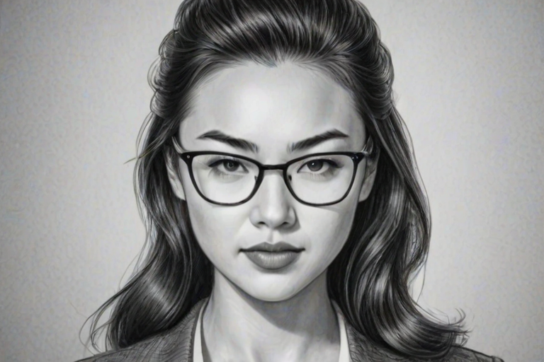 Resplendent Jessica Henwick, pencil sketch, portrait of Alluring woman 1953s in glasses, hair style beatnik, outline, clear lines, fine lines, 8k