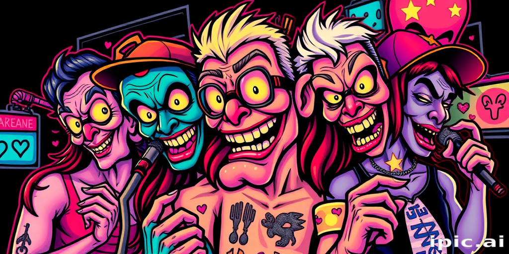 New school tattoo called "Neon Nightlife" depicting exaggerated cartoon-style characters in vibrant, eye-catching colors with bold outlines and playful distortions of reality