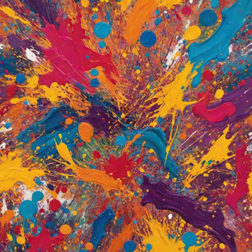 Create an image that features a vibrant, abstract painting with various patterns and color splashes. The painting should be the main focus of the image.