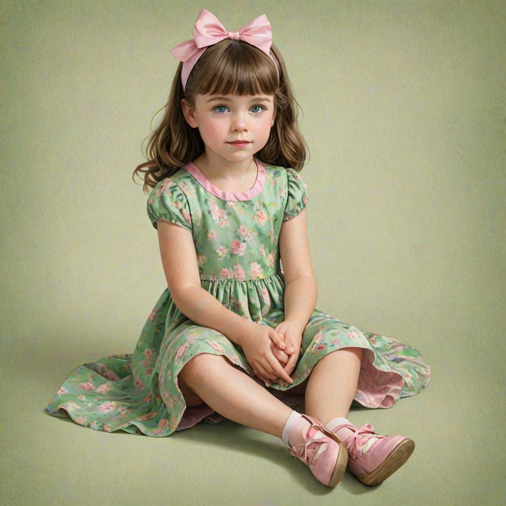 digital illustration of a kid girl with brown hair and blue eyes, sitting on the floor with her legs crossed and her hands resting on her knees. she is wearing a green floral dress with a pink bow on the front and a pair of green shoes with gold ribbon. She has a pink bows on her head. The background is a light beige color with a subtle texture. whimsical and dreamy.The color scheme is soft and muted pastel.