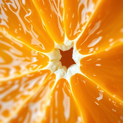 Generate a highly detailed image of a freshly sliced orange with vibrant colors, using a macro lens at f/2.8 aperture, 1/200 sec shutter speed, ISO 100, top-down view, soft natural lighting, and a DSLR camera for enhanced image quality.
