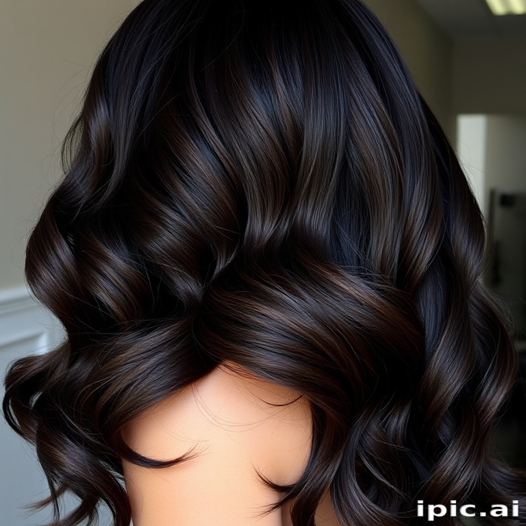 Sultry dark espresso waves christened "Midnight Silk" cascading down in glossy S-shaped curves, accentuated by subtle mahogany lowlights