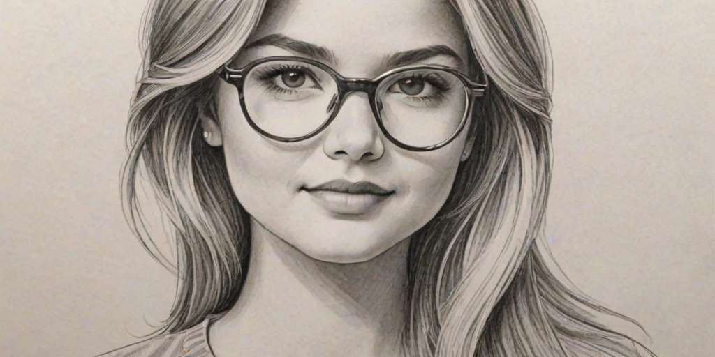 Attractive Stefanie Scott, pencil sketch, portrait of Elegant woman 1970s in glasses, hair style beatnik, outline, clear lines, fine lines, 8k