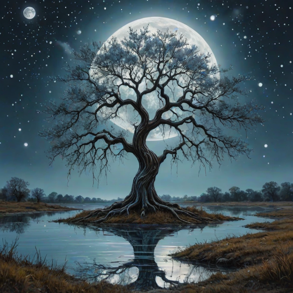 painting of a tree with a full moon in the background and water dripping from its branches, fantasy art, alcohol ink, 3D, 4K, HDRi