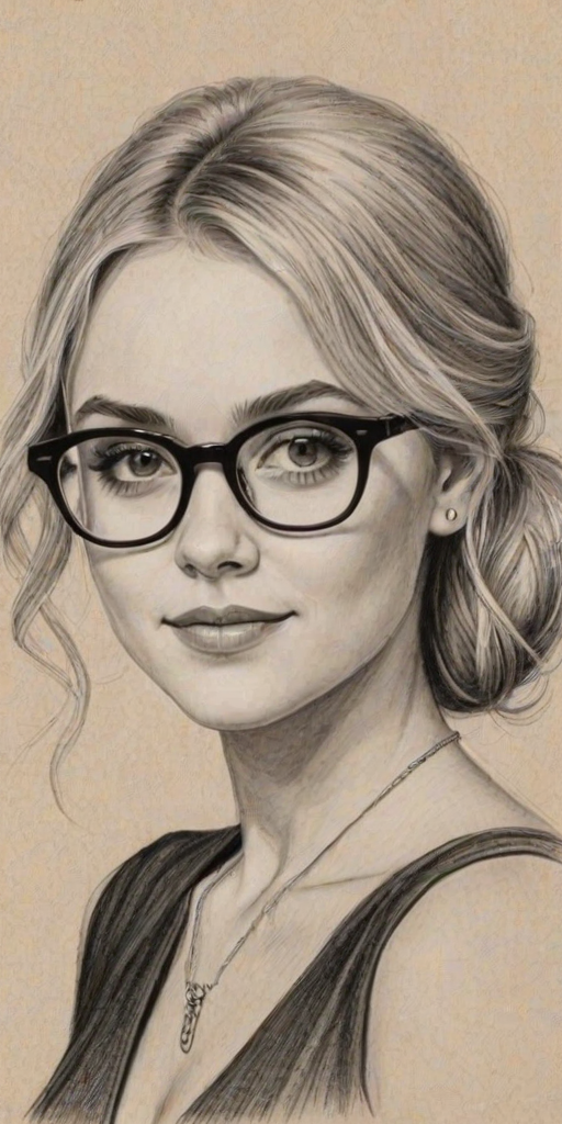 Bewitching AnnaSophia Robb, pencil sketch, portrait of Pleasing woman 1935s in glasses, hair style beatnik, outline, clear lines, fine lines, 8k
