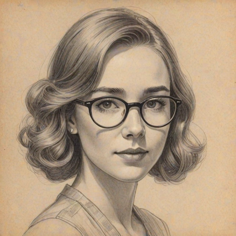 Bewitching Holly Taylor, pencil sketch, portrait of Gorgeous woman 1925s in glasses, hair style beatnik, outline, clear lines, fine lines, 8k