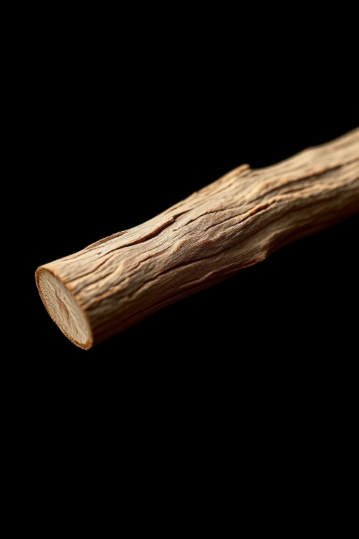 Create a highly detailed illustration of a realistic, textured wooden stick on a plain black background, using a DSLR camera with a 50mm lens, f/1.8 aperture, 1/200 sec shutter speed, ISO 100, in macro view to capture intricate details and enhance image quality.