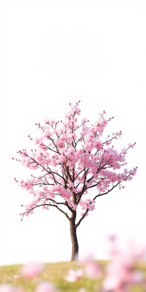 Create an illustration of a pink cherry blossom tree in a minimalist style on a white background with the text "Hello March" above it, using a Canon EOS R5 with a 50mm lens at f/1.8, 1/200 sec, ISO 100, shot from a low angle to enhance the foreground detail and depth.