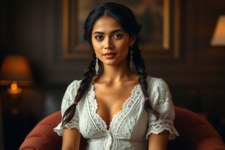 Create a portrait of a refined and elegant Nepali woman seated in a sophisticated setting. She has long, wavy hair styled in two thick braids that are pulled over her shoulders. She wears a white, lace gown with intricate patterns, featuring a deep V-neckline and short sleeves. The dress exudes a vintage charm with its delicate lacework. She is adorned with ornate, dangling earrings that add a touch of glamour to her appearance. The background is softly lit, with warm, ambient lighting that creates a cozy and inviting atmosphere. Her expression is poised and serene, capturing a sense of grace and elegance.