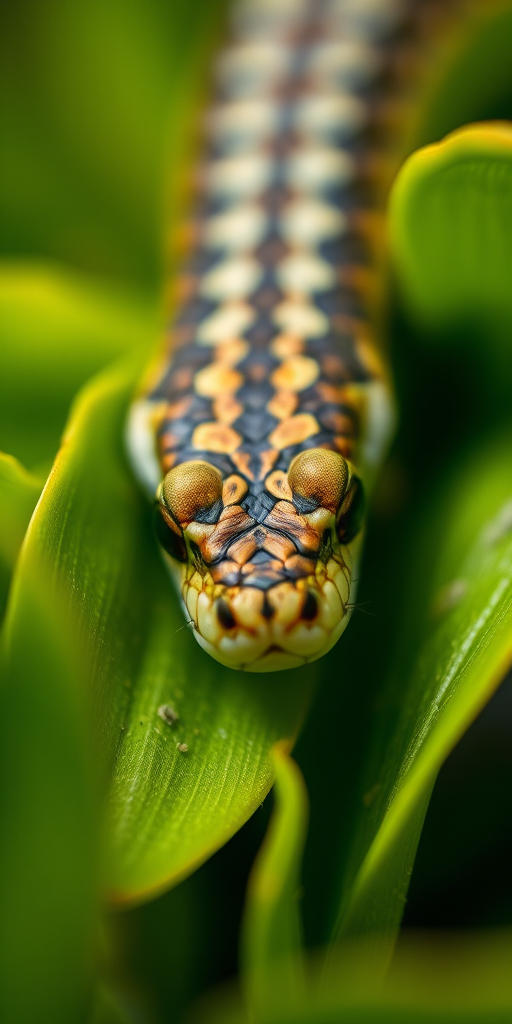 Close-up of a camouflaged snake resting on green leaves, shallow depth of field, f/2.8 aperture, ISO 200, 1/250 sec shutter speed, macro lens, DSLR camera, natural light.
