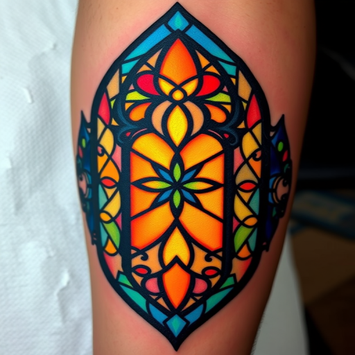 Stained glass tattoo named "Luminous Mosaic" depicting colorful geometric shapes and intricate patterns reminiscent of church windows with bold outlines and translucent hues