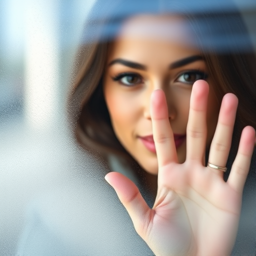 create a soft-focus portrait of a woman behind frosted glass, hand pressed against the surface, natural lighting, aperture f/2.8, shutter speed 1/60s, ISO 400, 50mm lens, depth of field, portrait style, DSLR camera
