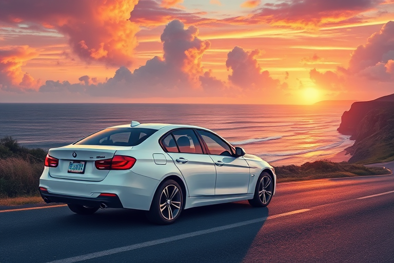 Capture a stylized illustration of a white sedan parked on a scenic coastal road at sunset with vibrant clouds and waves, using a Canon EOS R5, 24mm lens, f/8 aperture, ISO 100, and a vibrant color grading for enhanced image quality.