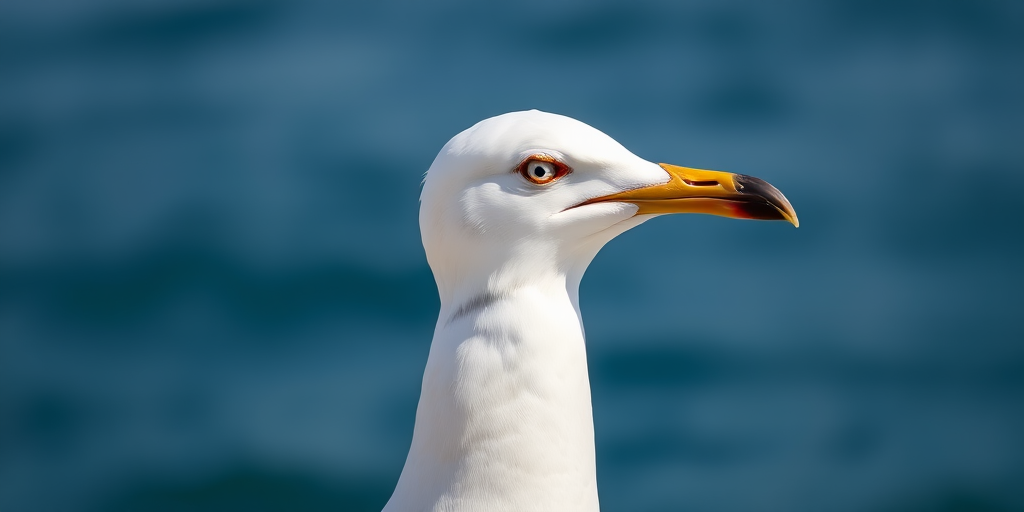 A close-up shot of a seagull in profile, showcasing the detailed textures of its feathers and vibrant eye against a blurred ocean background, taken with a Canon EOS 90D, 50mm lens, aperture f/4, ISO 100, shutter speed 1/200 sec, natural lighting.