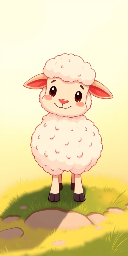Create a cute, cartoonish illustration of a fluffy sheep standing on a grassy patch under soft sunlight, using a DSLR camera with a 50mm lens, aperture f/1.8, shutter speed 1/250s, ISO 200, in portrait orientation for a vibrant and sharp image quality.