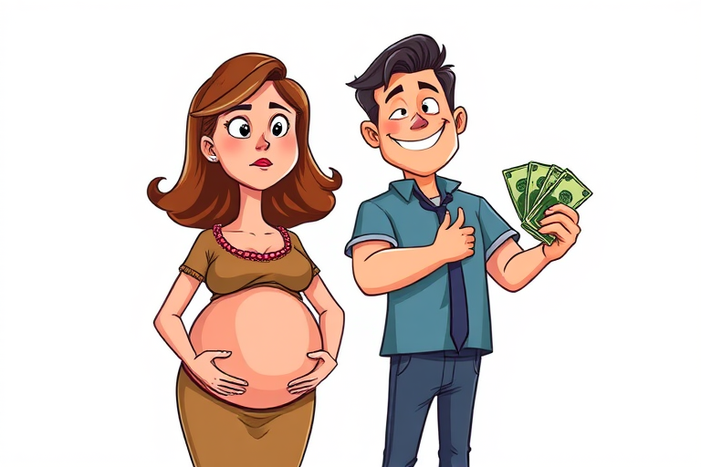 Create an illustration of a pregnant woman with a concerned expression, standing next to a man with a mischievous grin holding cash, in a cartoonish style, use bright colors, make it a wide-angle shot with a 24mm lens, f/8 aperture for depth of field, and use a digital drawing tablet for clean lines and vibrant details.