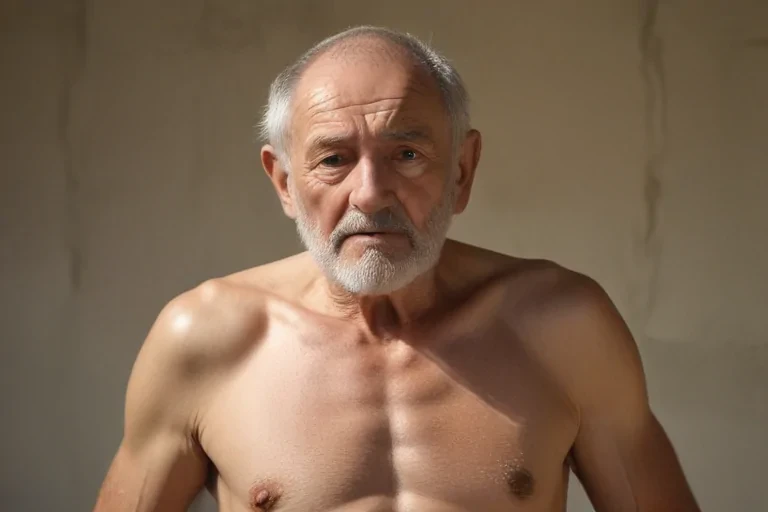shirtless old man
