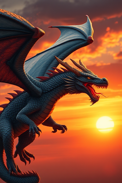 Create a high-resolution illustration of a dragon, with intricate scales and fiery breath, set in a dynamic flying pose against a dramatic sunset sky, using a DSLR camera with a 50mm lens at f/2.8, ISO 100, and a shutter speed of 1/200s, in portrait orientation with a vibrant color palette.