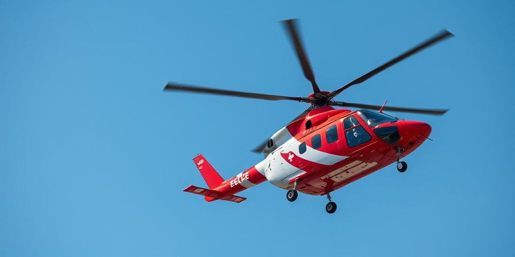 High-resolution image of a red and white rescue helicopter in flight against a clear blue sky, captured with a Canon EOS R5, 1/1000s shutter speed, f/8 aperture, ISO 100, aerial view, vibrant colors and sharp focus.