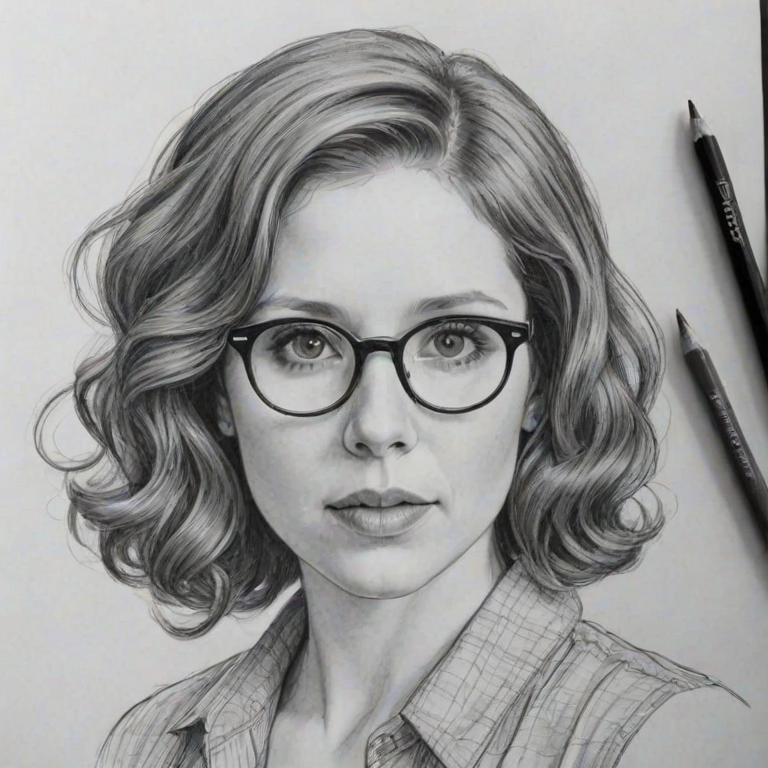 Enchanting Vanessa Bayer, pencil sketch, portrait of Stunning woman 1924s in glasses, hair style beatnik, outline, clear lines, fine lines, 8k