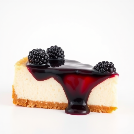 Create an image of a slice of cheesecake with a creamy white filling and a crumbly golden crust topped with a glossy blackberry sauce and fresh blackberries arranged on top against a light background.
