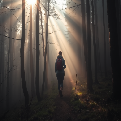 Foggy forest in early morning, beams of light filtering through the trees, a woman in hiking boots walks slowly along a narrow path, her breath visible in the chilly air.