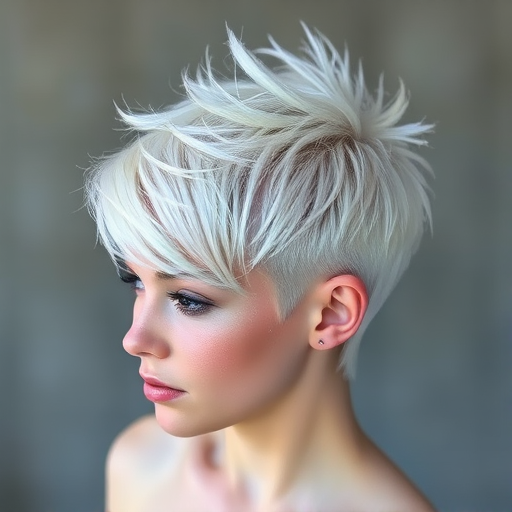 Icy blonde pixie cut with platinum highlights and a textured, spiky crown, accented by a dusting of iridescent glitter for a magical "Frost Sprite" look