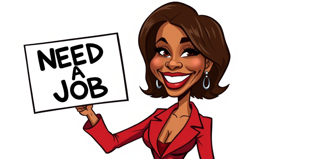 caricature of a smiling Halle Berry in a Scarlet dress or suit, holding up a sign that says "NEED A JOB", no watermark,