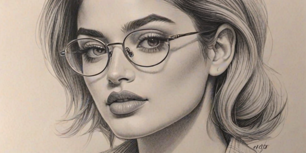 Fetching Kylie Jenner, pencil sketch, portrait of Alluring woman 1938s in glasses, hair style beatnik, outline, clear lines, fine lines, 8k