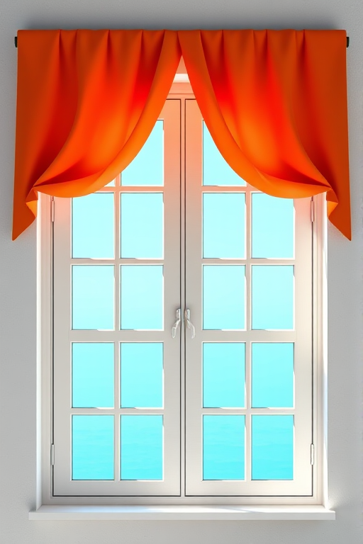Create an image of a stylized window with two orange curtains, featuring a three-pane design and bright blue grids in each pane, shot with a DSLR camera at f/2.8, ISO 100, using a 50mm lens, in natural daylight to enhance clarity and color vibrancy.