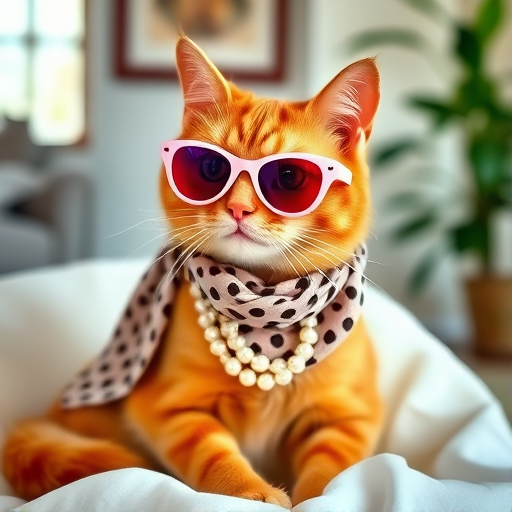 A stylish orange cat wearing pink sunglasses and a polka dot scarf, adorned with a pearl necklace, sitting gracefully in a white dress, with a softly lit room and a plant in the background.