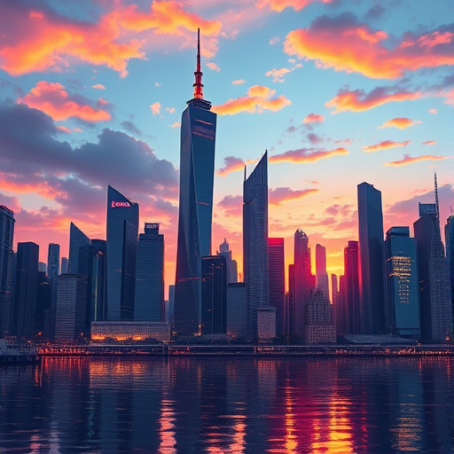 Create a vibrant and detailed illustration of a futuristic city skyline at sunset, with tall skyscrapers and neon lights reflecting on water, using a DSLR camera with a 50mm lens at f/1.8, ISO 100, and a slow shutter speed of 1/30 seconds, captured in a wide-angle view for depth and clarity.