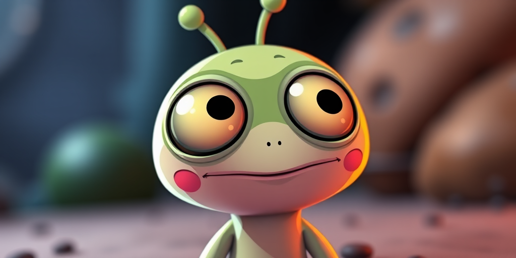 Create a detailed cartoon-style illustration of a friendly two-eyed alien with a rounded body, incorporating bright colors, with a soft focus lens effect, shot from a low angle view using a DSLR camera at f/2.8 for a shallow depth of field and 50mm focal length for high clarity.