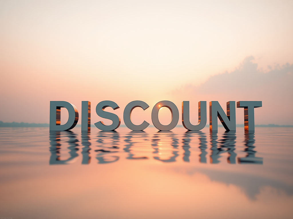Create a serene image featuring the word DISCOUNT reflected on a calm water surface with a soft sunset background, use a Canon EOS R5 camera, aperture f/8, ISO 100, shutter speed 1/250, wide-angle view, and a soft focus style for an ethereal effect.