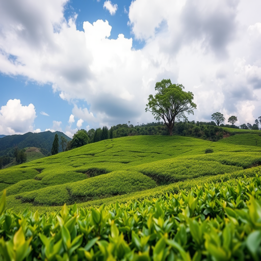 Generate a lush green tea plantation landscape under a partly cloudy sky with a single tree on a hilltop, captured with a Canon EOS R5 camera, 24mm lens, aperture f/8, ISO 100, and a low-angle wide shot to enhance depth and clarity.