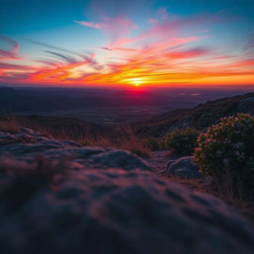 Create a high-resolution image of a serene landscape at sunset with vibrant colors, using a DSLR camera with a 50mm lens, aperture set to f/1.8, ISO 100, shutter speed 1/200s, taken from a low angle view, with a wide dynamic range and enhanced contrast.