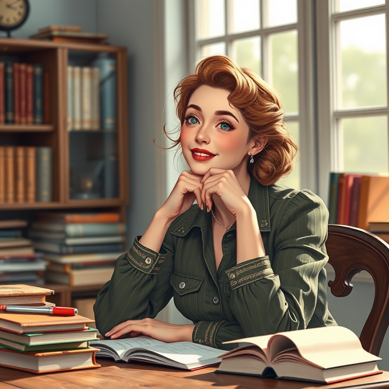 Create a high-resolution illustration of a vintage woman with a thoughtful smile, sitting at a desk with books, using a Canon EOS R5, 50mm lens, f/1.8 aperture, 1/250 sec shutter speed, natural soft lighting, and a shallow depth of field for a dreamy effect.