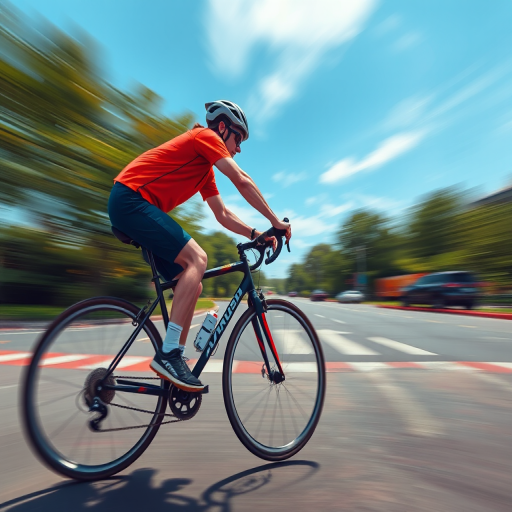 Create a detailed illustration of a person riding a bicycle, using a DSLR camera with a 50mm lens, aperture set to f/2.8 for a shallow depth of field, shot from a low angle to emphasize the action, and incorporate vibrant colors and dynamic motion blur to enhance image quality.