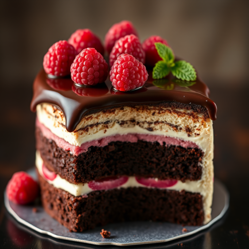 Create an image of a multi-layered chocolate cake with a glossy chocolate ganache topping and fresh raspberries on top. The cake should have distinct layers of dark chocolate, raspberry filling, and a light mousse layer, beautifully cut to reveal the different colors and textures inside. The background should be softly blurred to emphasize the cake.