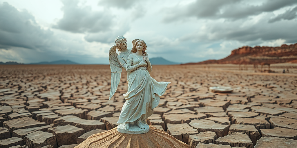 Create a high-resolution image of a marble angel holding a woman in a desolate cracked earth landscape under a dramatic cloudy sky, captured with a Canon EOS R5, 35mm lens, f/11 aperture, ISO 100, soft focus effect.