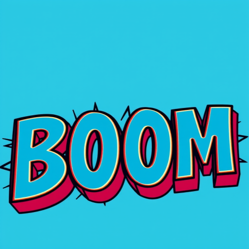 Create a vibrant, bold graphic text rendering of the word "BOOM" in a comic style with a dynamic 3D effect, using a Canon EOS 5D Mark IV, ISO 400, f/11, 1/60 sec, captured from a slight low angle with a wide-angle lens to enhance depth and perspective.
