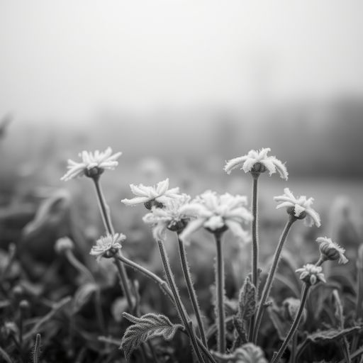 A close-up of frost-covered flowers in a foggy landscape, captured with a Canon EOS R5, 50mm lens, f/2.8 aperture, ISO 200, 1/200 sec shutter speed, in black and white with soft focus background for depth.
