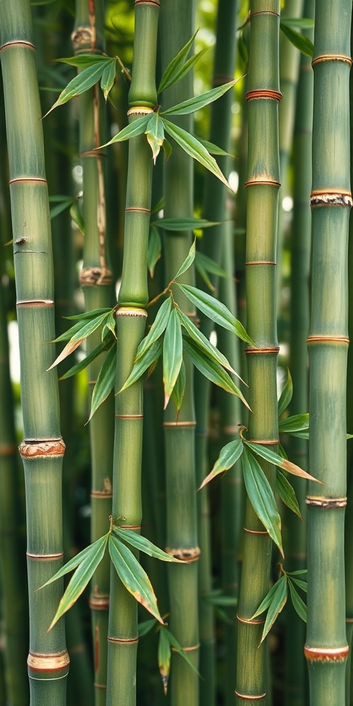Create a vibrant illustration of bamboo stalks with fresh green color, capturing fine details of the leaves, using a Canon EOS R5 camera with a 50mm f/1.2 lens, aperture set to f/2.8, ISO 100, and soft diffused lighting for a natural look.