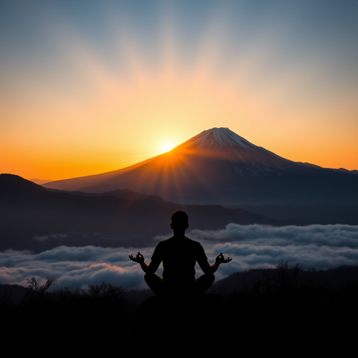 create an image of a silhouette of a person meditating in front of Mount Fuji during sunrise with soft rays of light emanating from the sun, shot with a Canon EOS R5, 50mm lens, aperture f/2.8, shutter speed 1/250s, ISO 100, landscape orientation, with a dreamy, ethereal atmosphere