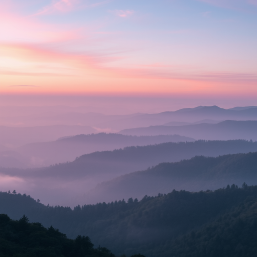 Create a serene misty landscape at dawn with layered mountains and soft pink and purple hues in the sky, shot with a Canon EOS R5, 24mm lens, f/8 aperture, ISO 100, 1/125 sec shutter speed, using a wide-angle perspective for enhanced depth and clarity.