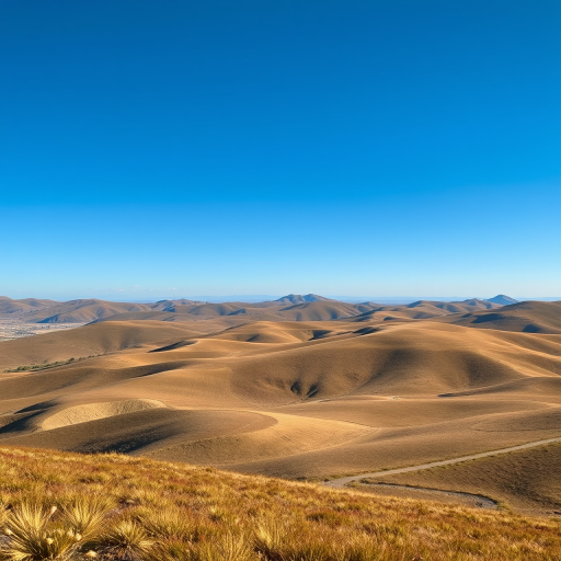 Create an image of a serene landscape featuring rolling hills under a clear blue sky, captured with a Canon EOS R5 at f/8, ISO 100, 1/200s, using a wide-angle lens for an expansive view, ensuring vibrant colors and high detail.