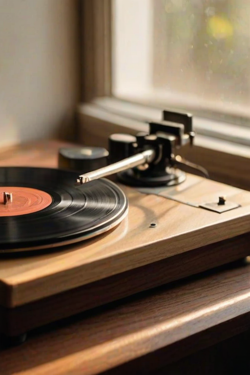 Close-up of an old-fashioned record player, with a vinyl record spinning and soft natural light from a nearby window illuminating the surface, casting delicate shadows on the wood.