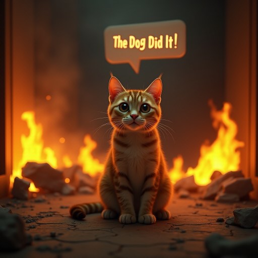 Photorealistic image of an innocent-looking cat sitting calmly in the middle of a burning room. Flames engulf the room, with fire licking up the walls and smoke filling the air. The cat is sitting on the floor, looking directly at the viewer with wide, innocent eyes. Above the cat, a speech bubble says "The Dog Did It". The contrast between the cat's calm demeanor and the chaos around it creates a humorous and surreal scene.